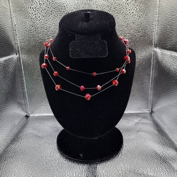 Vintage 90s Triple Strand Floating AB Red Crystal Necklace - 18.5" - Picture 1 of 10